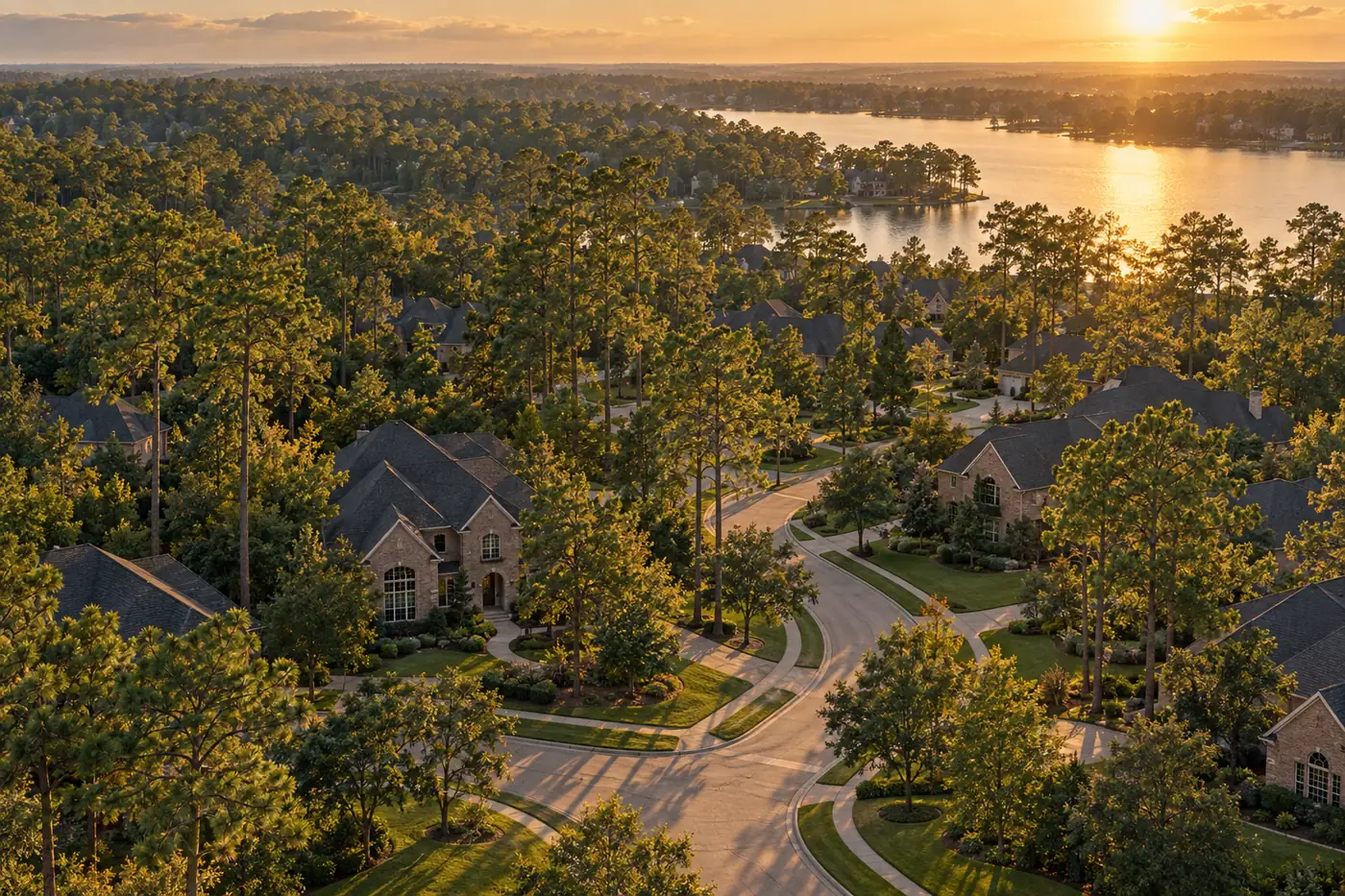 Pine-shaded brick homes with asphalt shingle roofs at golden hour, a stand-in scene