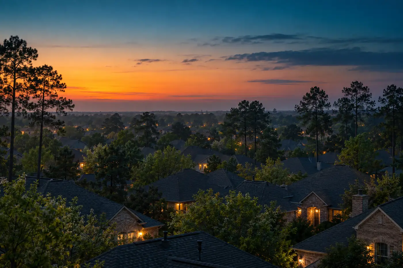 Blue-hour view over shingle rooftops and pine crowns