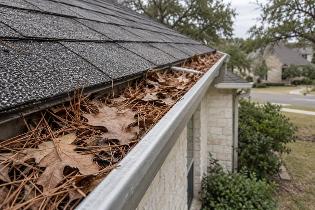Aluminum gutter at the roof edge packed with pine needles and oak leaves