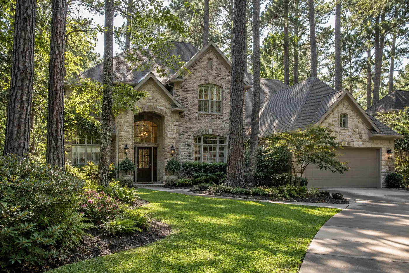 Two-story home among tall pines with a gray shingle roof
