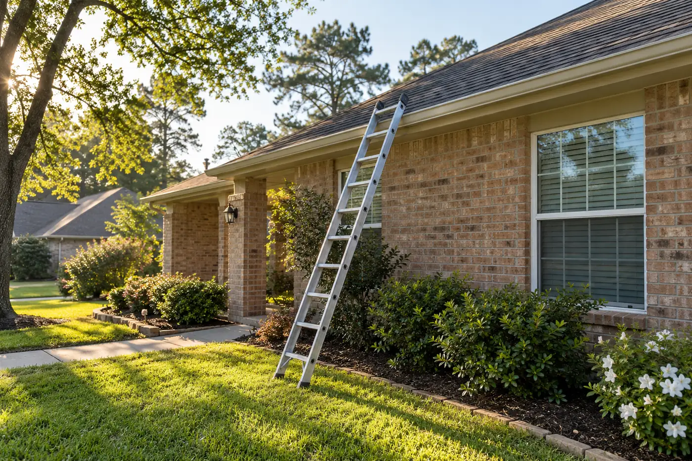 Extension ladder leaning against the gutter line of a one-story brick home