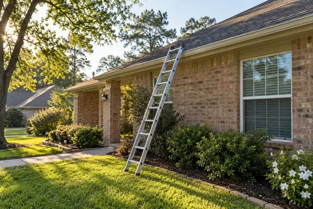 Extension ladder leaning against the gutter line of a one-story brick home