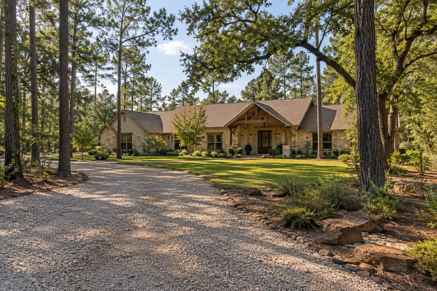 Single-story ranch home on a wooded lot with a brown shingle roof