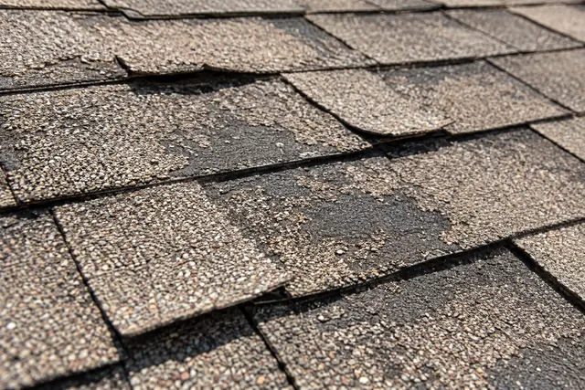 Close-up of weathered asphalt shingles with granule loss and curled edges in harsh sun