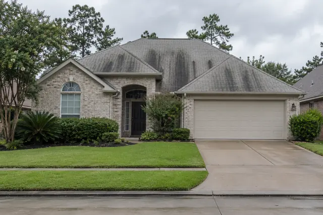 Light gray shingle roof with black algae streaks running down the slope