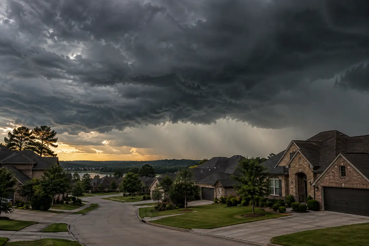 Dark thunderstorm clouds building over brick homes with shingle roofs
