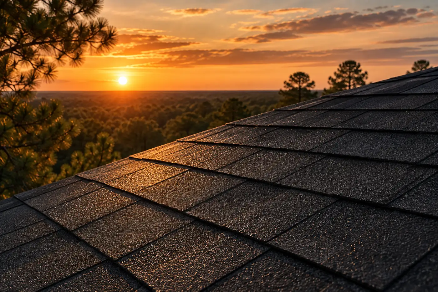 Dark asphalt shingles in evening light